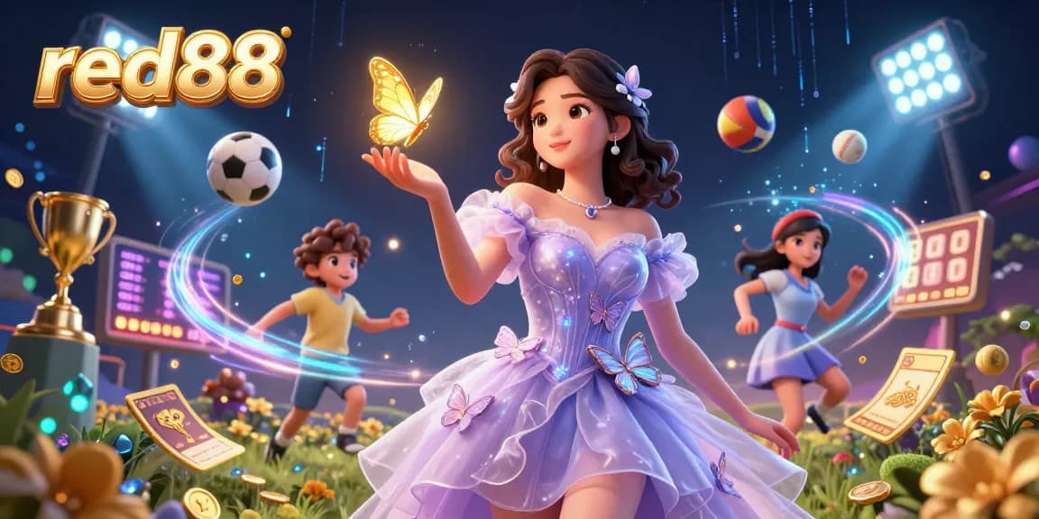 Bet on red88 with captivating casino-themed illustration featuring sports elements and a stunning character.