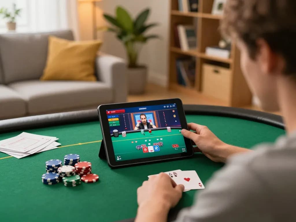 F8bet player strategizing poker in a cozy home setting with tablet and notes