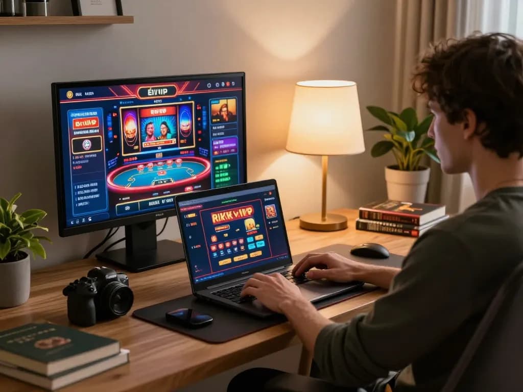 Engaging scene of online gaming with rik vip showcasing casino gameplay on a laptop.