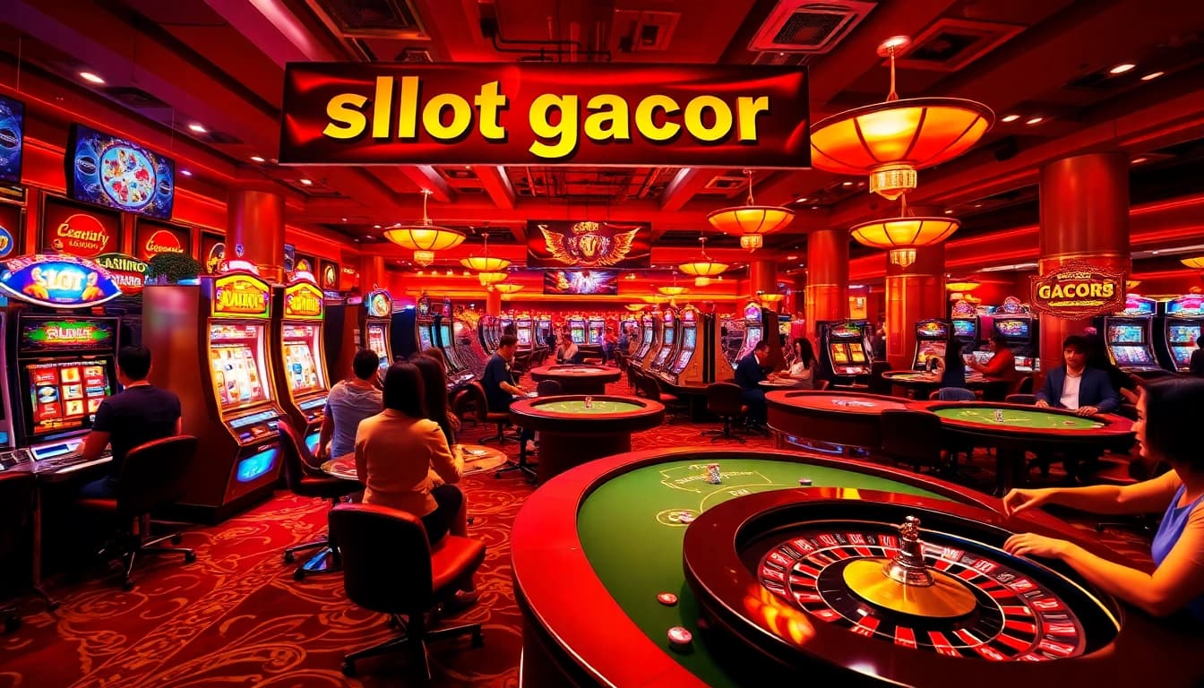 A lively casino scene showcasing slot gacor excitement with players at poker tables and vibrant slot machines.