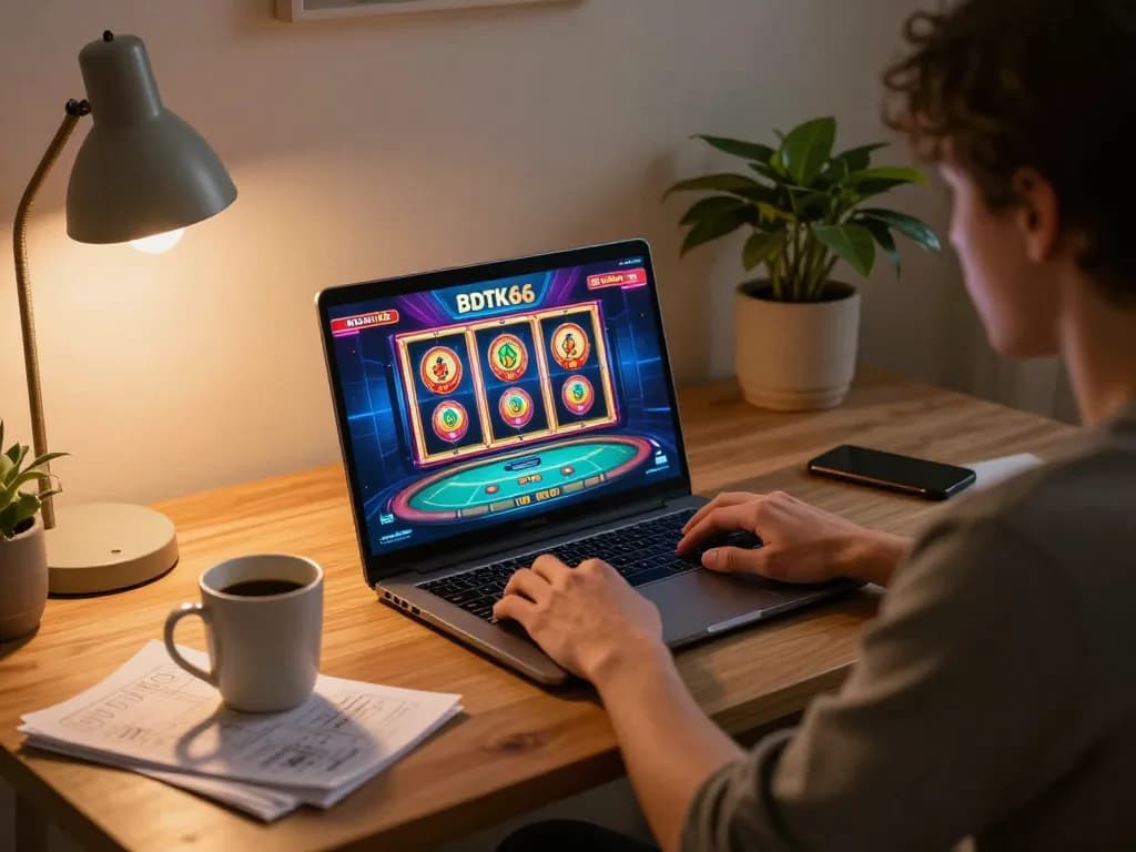 Engaging in bdtk66 online gaming at home with a laptop, showcasing a strategic betting environment.