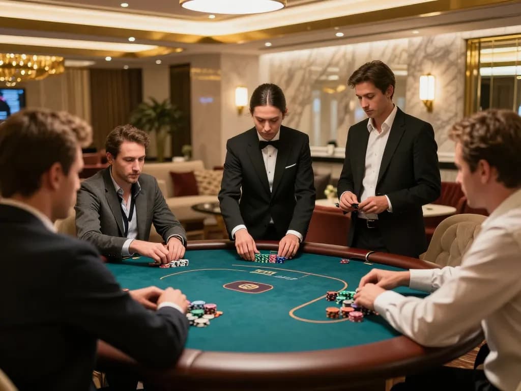 Players enjoying an exclusive poker game in a luxurious SC88 VIP casino area, showcasing high stakes and thrilling ambiance.