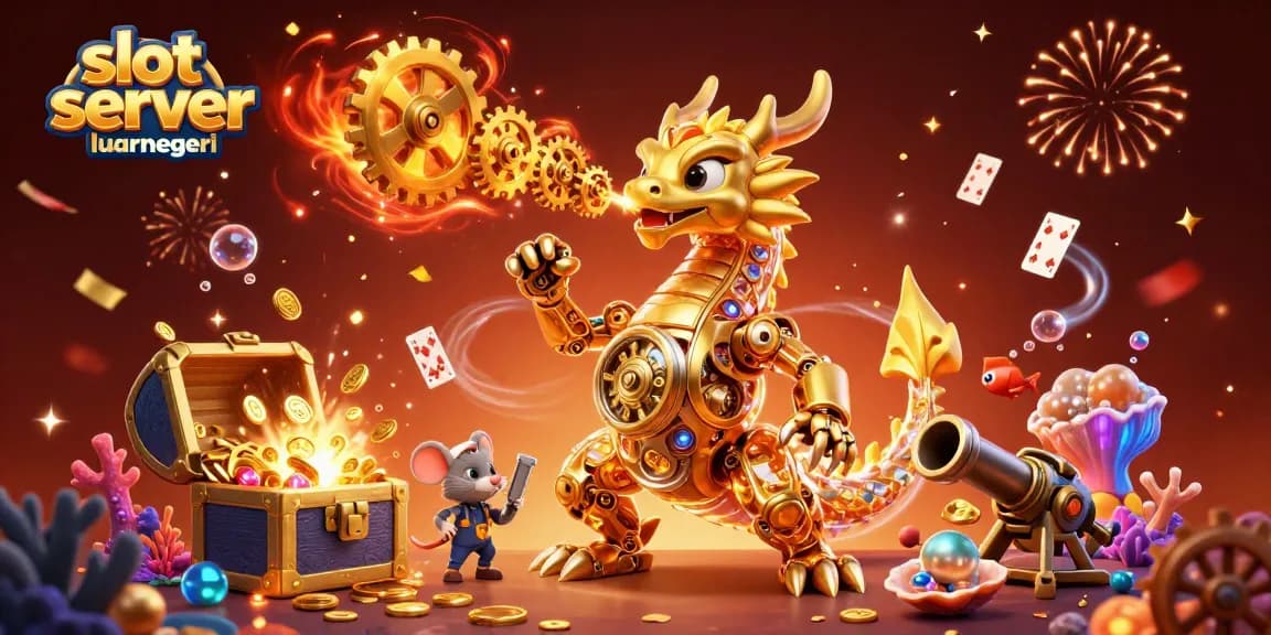 Catching golden gears while playing on a slot server luar negeri with a dragon and treasure.