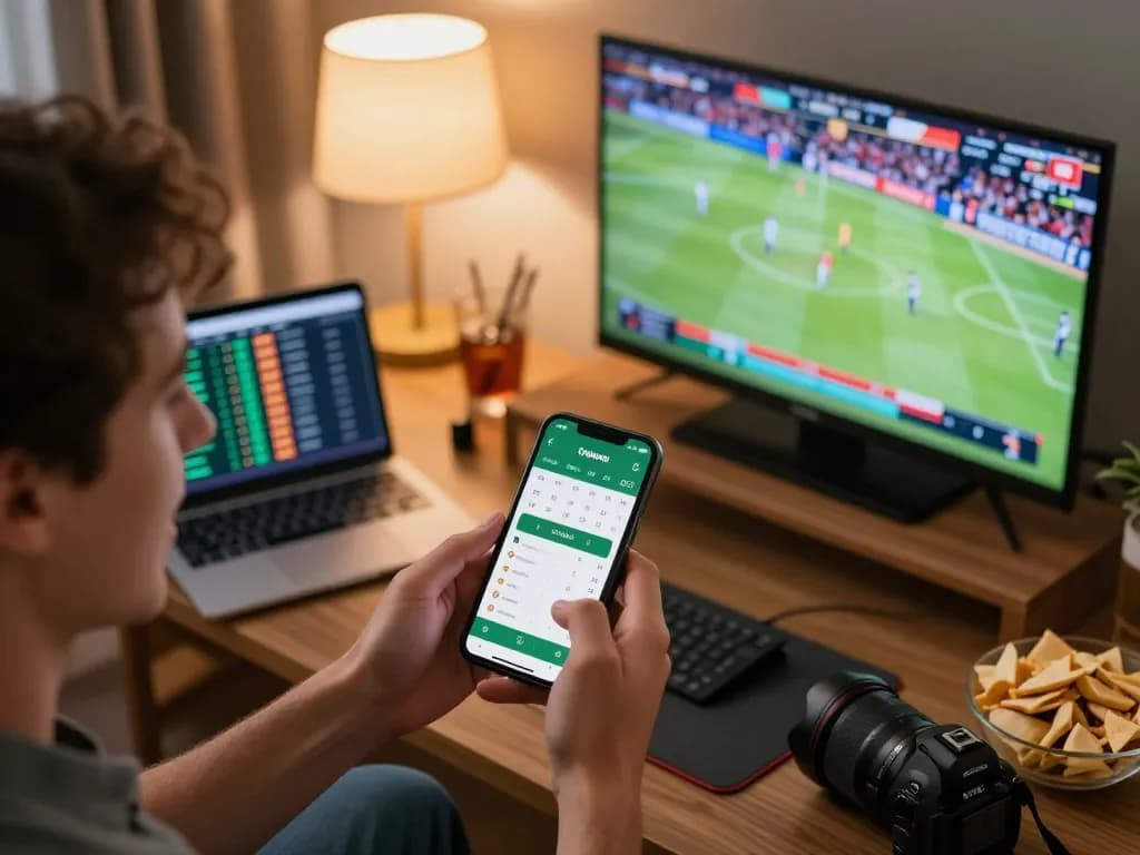 Person placing a bet on smartphone while viewing tỷ lệ nhà cái in a lively home sports betting setup.