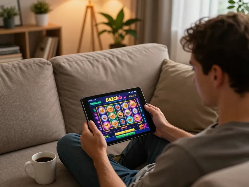B52club players enjoying immersive online gaming experience on a tablet in a cozy home setting.