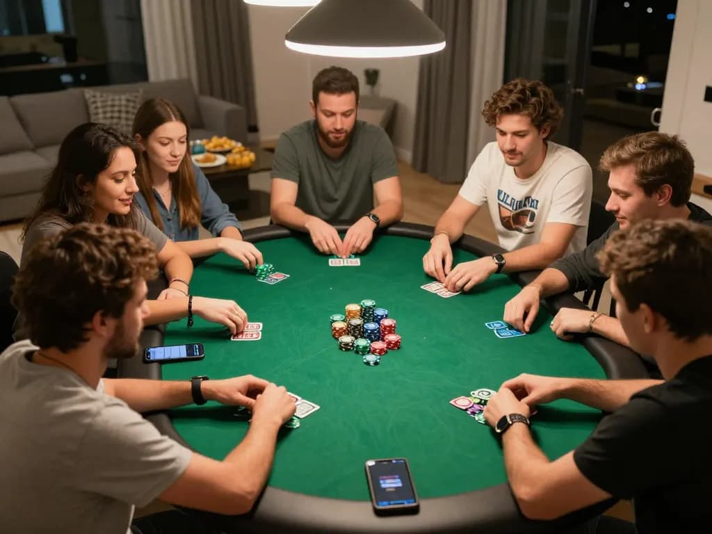 Poker online game in a cozy home environment with friends playing Texas Hold'em