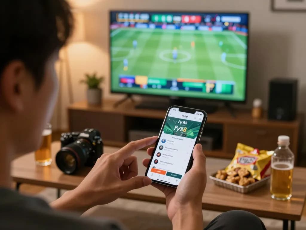Engaging user placing bets on fly88 sports betting app with excitement in a cozy room