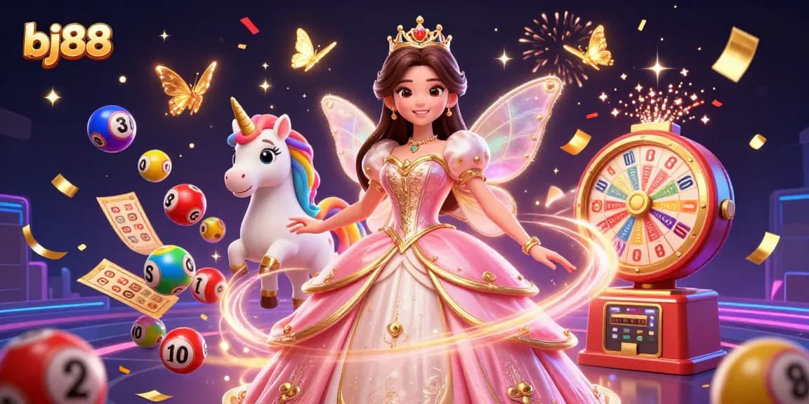 Experience the excitement of bj88 with a glamorous woman and vibrant gaming elements in a dazzling 3D scene.