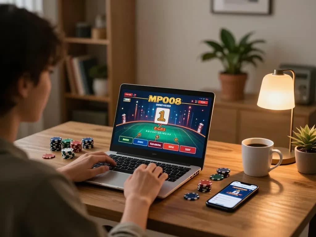 MPO08 player enjoying an online casino game in a cozy home setting, promoting responsible gaming