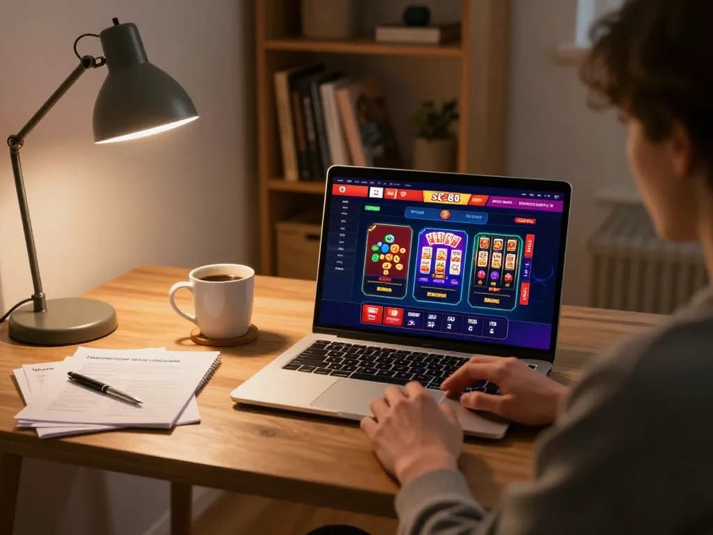 Engaging with SC88 casino app for online gaming in a cozy home office setting.