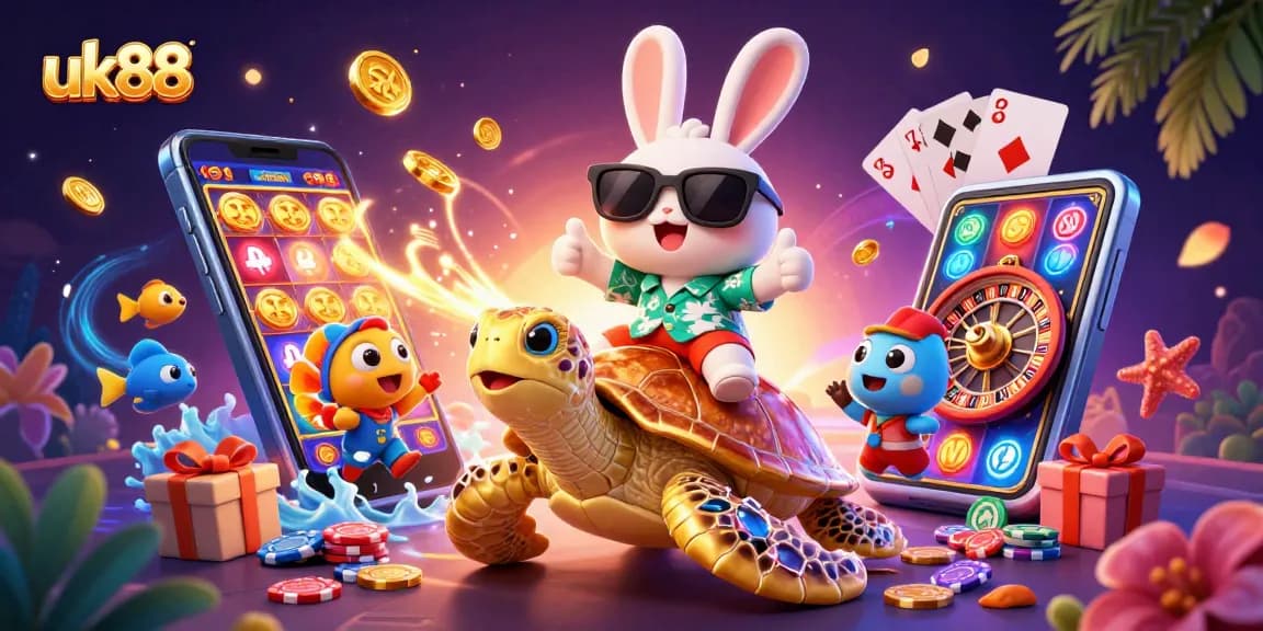 Experience excitement with uk88 in a vibrant scene featuring a lucky rabbit and golden turtle.