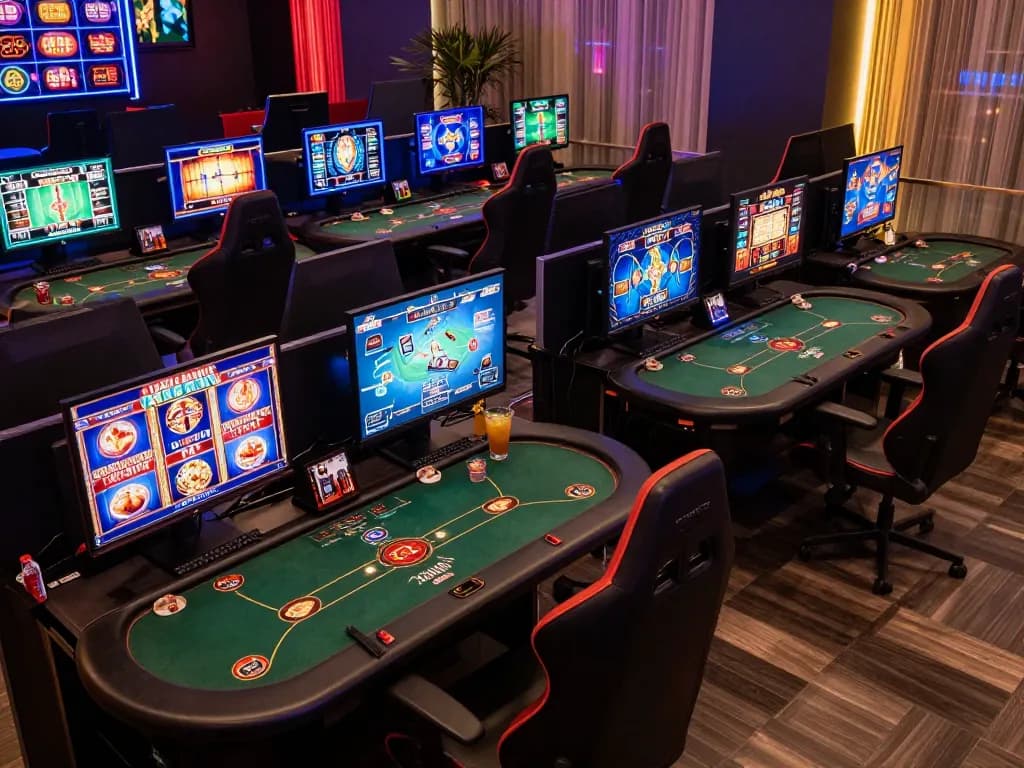 Engaging online gaming setup showcasing mpo sport with vibrant casino games on multiple screens.