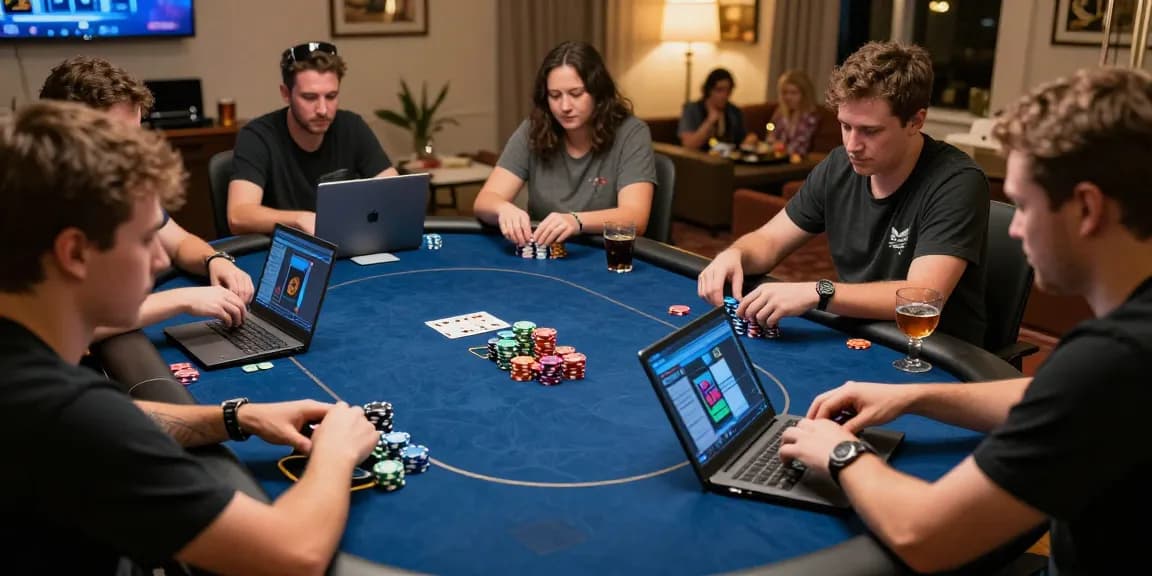 Permainan poker88 online dengan pemain terlibat di meja virtual.