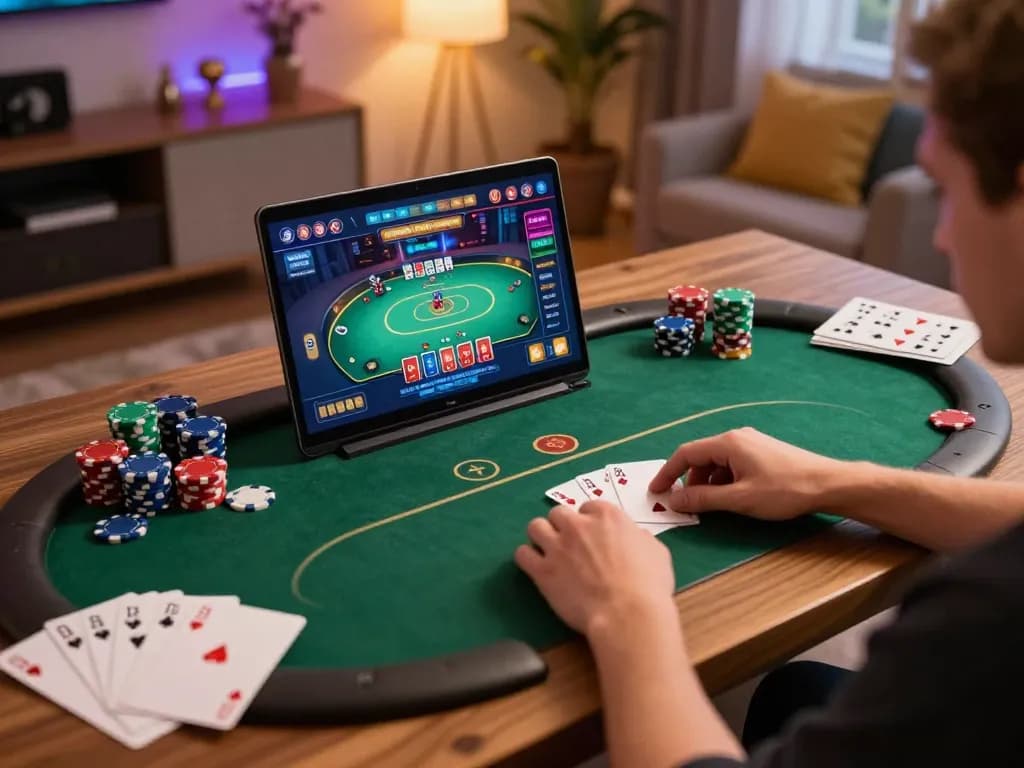 Engaging player using a laptop to link vào online poker game in warm home atmosphere