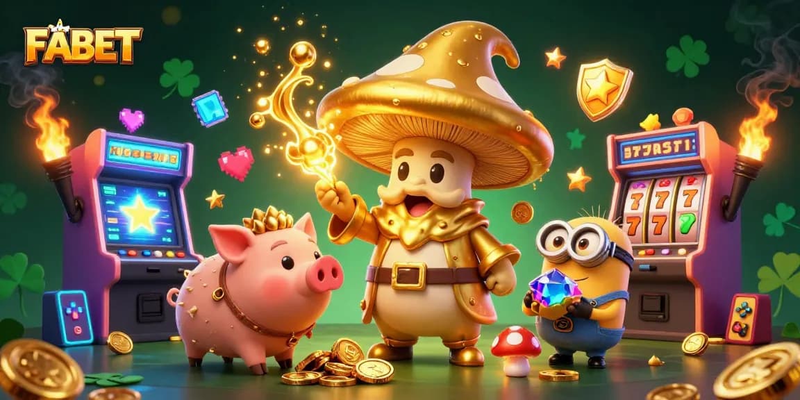 FABET slots scene featuring a magical mushroom wizard, treasure, and arcade machines.