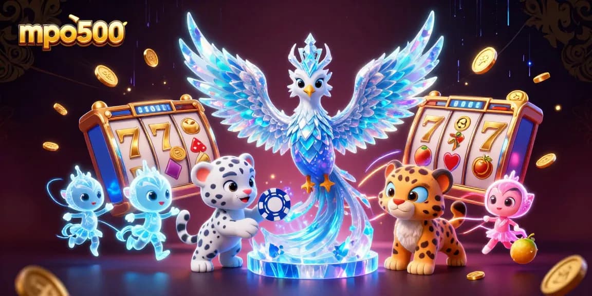 Play and win big with mpo500 featuring an ice phoenix, poker chip, and thrilling slot elements.