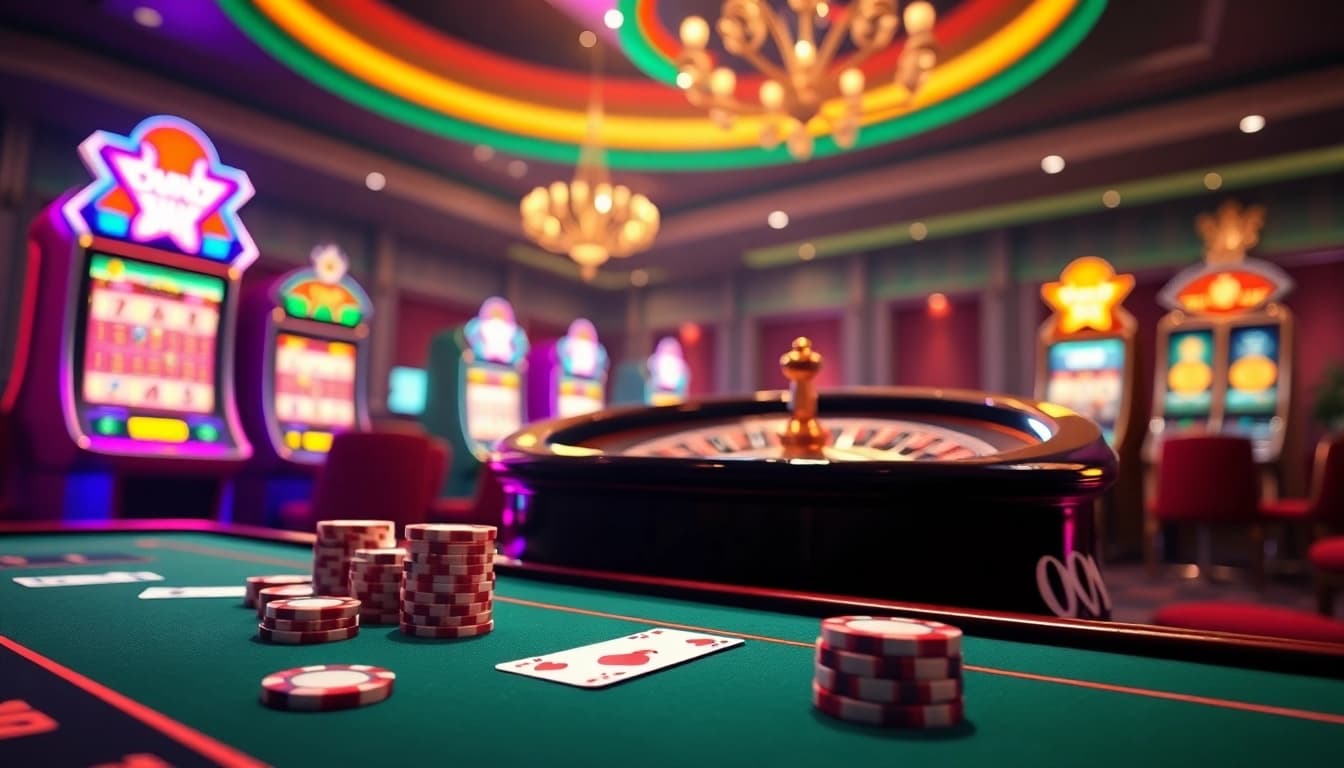 Betting excitement at 99win cc casino with vibrant tables and slot machines.