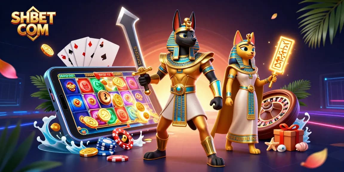Engage with SHBET COM's vibrant online casino featuring Anubis, Bastet, and dynamic gaming elements.