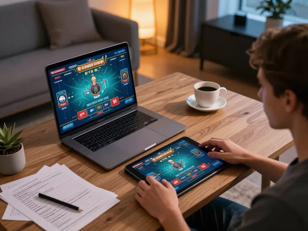 Engaging in online gaming at Nhà Cái FB88 with laptops and strategies for better betting.