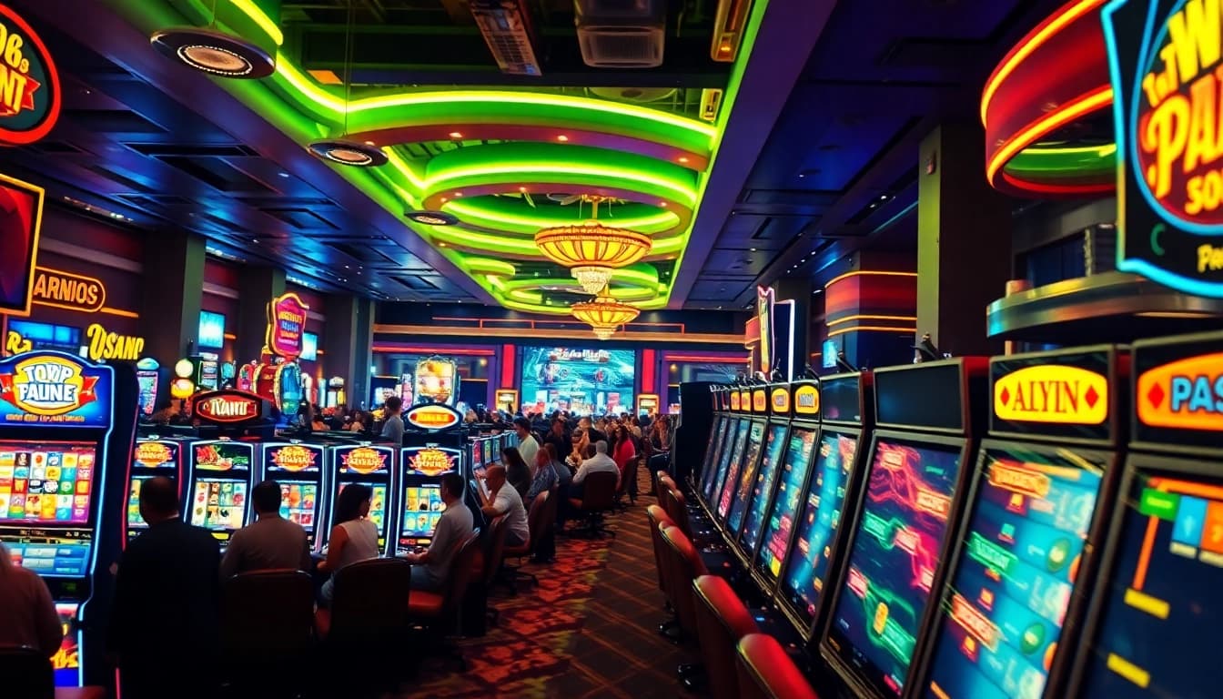 Menangkan slot dengan mesin slot berwarna-warni yang dikelilingi pengunjung yang antusias.