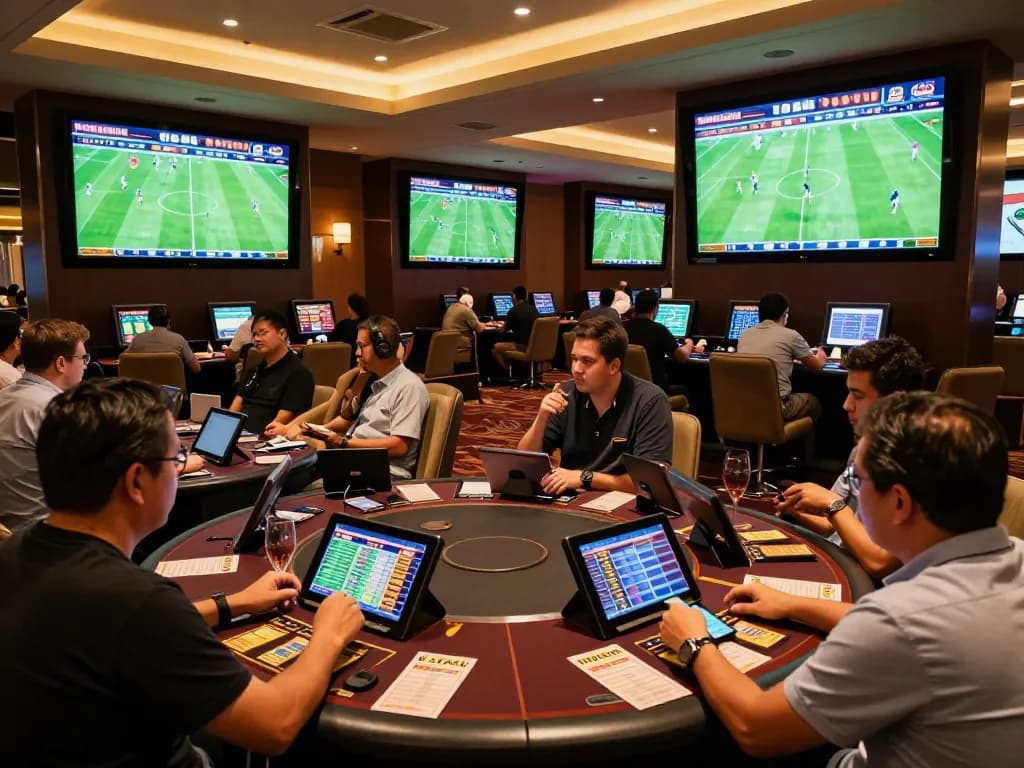 Engaged bettors analyzing kèo bóng đá odds in a vibrant sports betting area of a casino.
