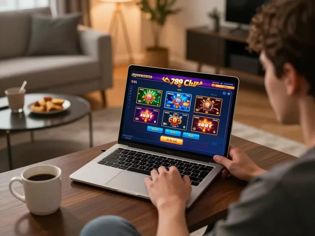 Player enjoying the thrill of 789 club with engaging online gaming experience on laptop at home.