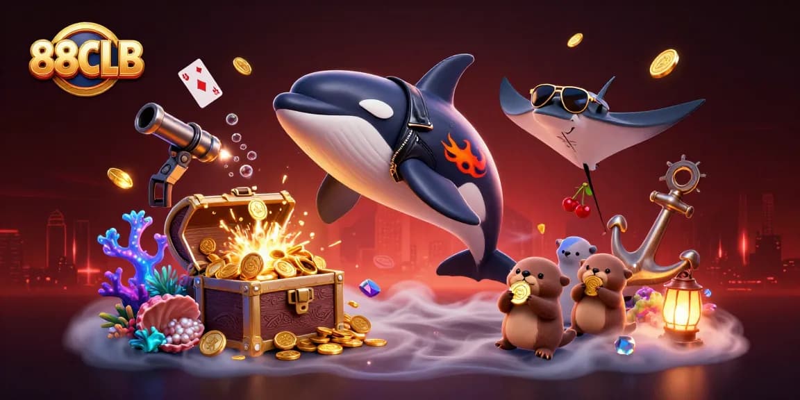 Win with 88CLB in this vibrant 3D scene of an orca, stingray, and otters holding coins.
