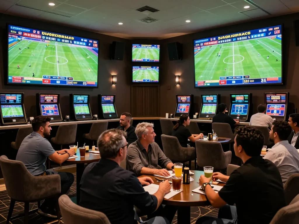 Engaged bettors analyzing kèo nhà cái in an upscale sports betting lounge with multiple screens.