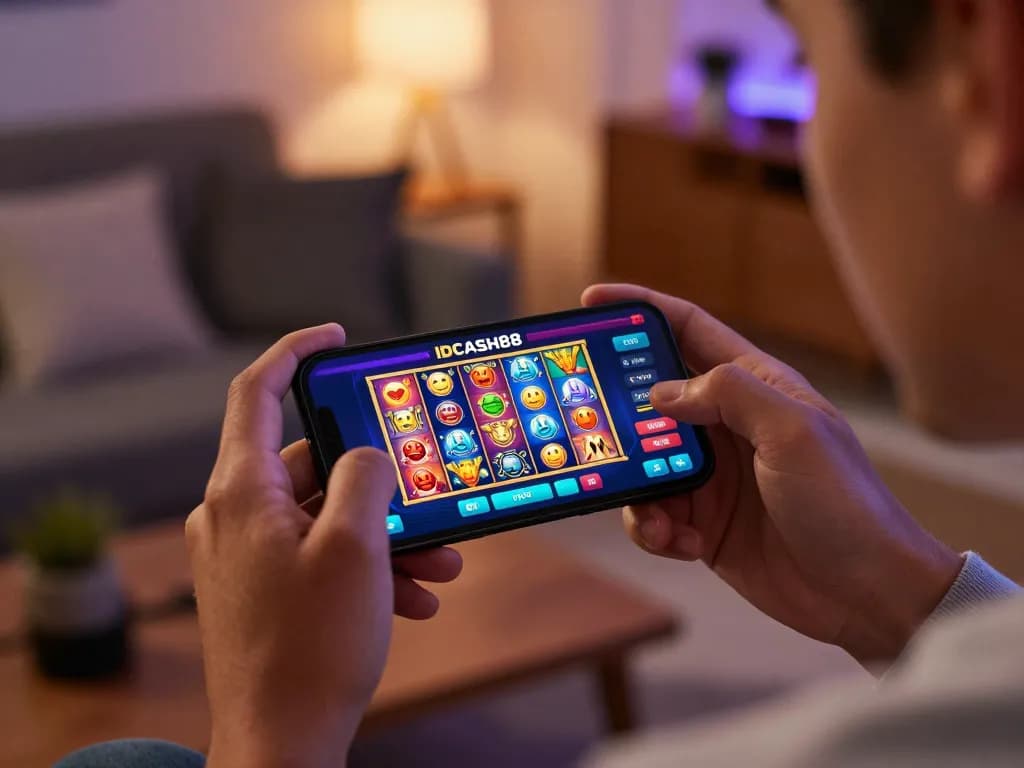 IDCASH88 user spinning colorful slots on mobile device in a cozy home setting