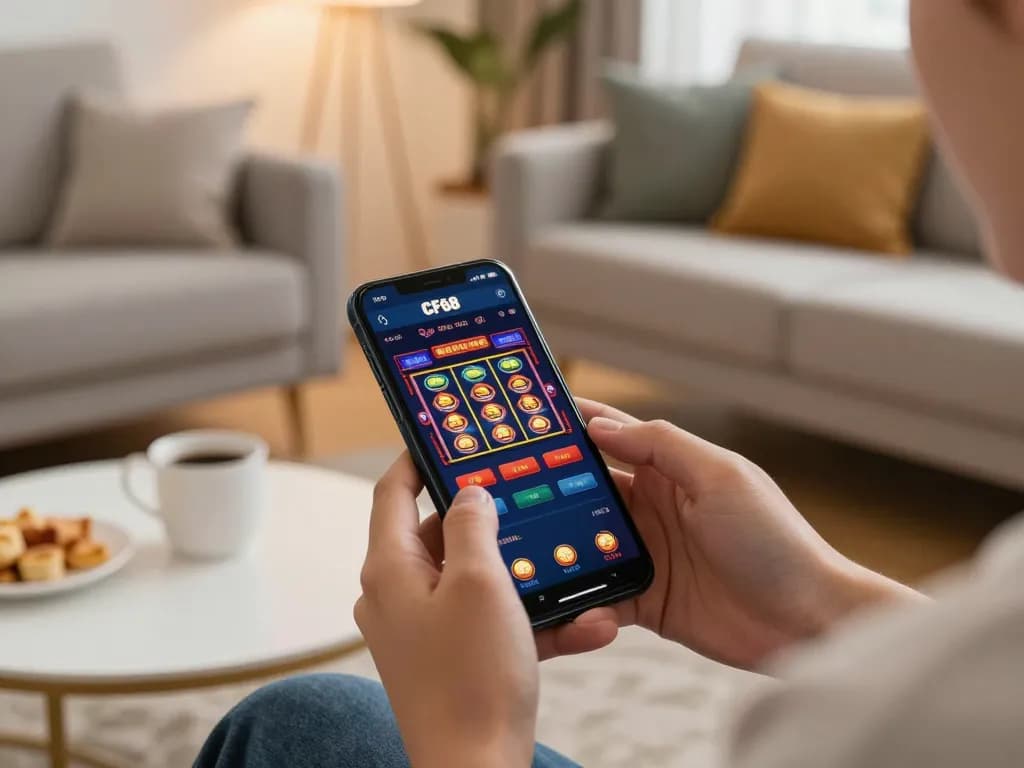 Player engaging with CF68 casino app on smartphone in relaxing home setting