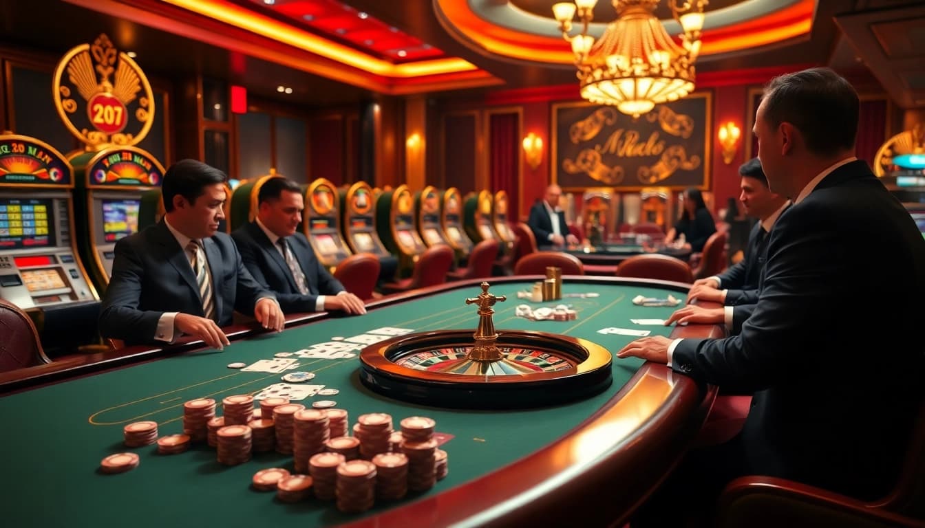 Engaging scene of gamblers enjoying rr88 gratis at an elegant casino table with poker chips and cards.