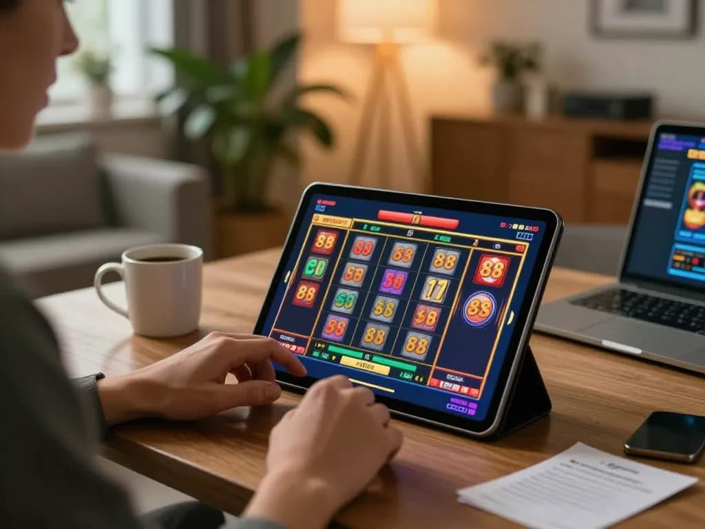 Engaging gameplay of 88 slot machine on a tablet in a cozy home setting