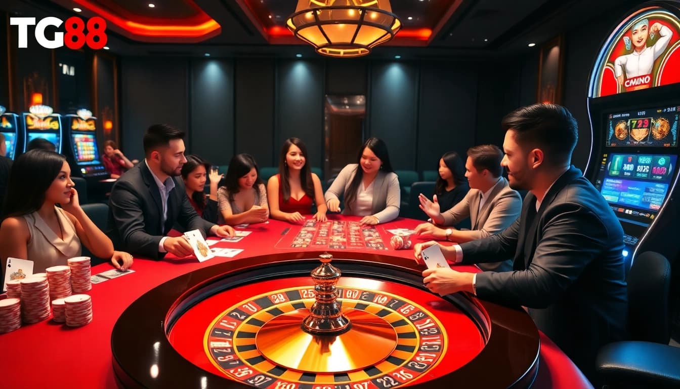 Gamblers enjoying a high-stakes game at TG88 casino with vibrant tables and luxury decor.
