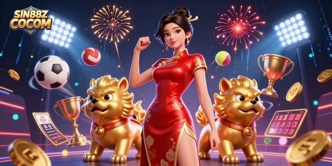 Join the excitement at SIN88Z COCOM with dynamic sports betting elements surrounding a glamorous casino scene.