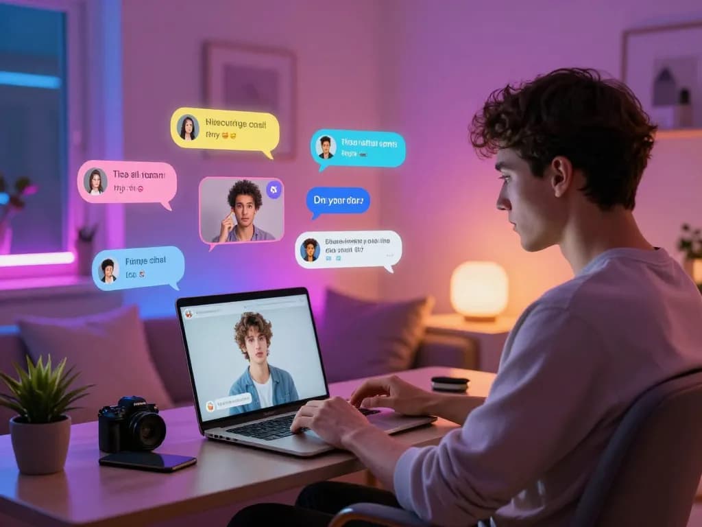 Engaging in AI sex chat on a laptop, showcasing vibrant chat bubbles and intimate messages in a cozy environment.