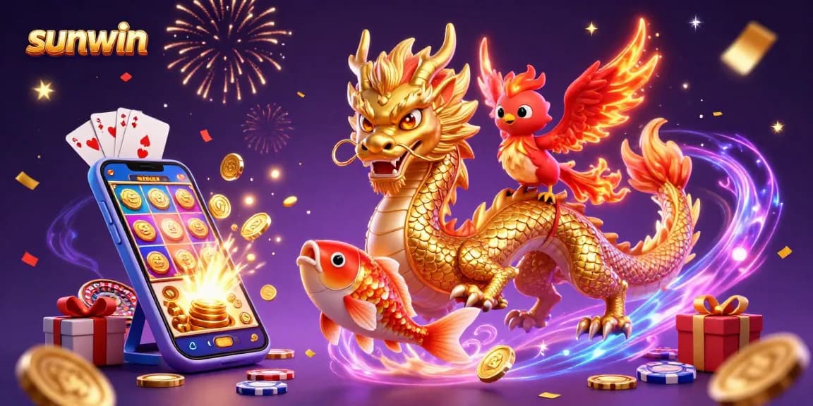 Play exciting casino games with sunwin, featuring a dynamic 3D scene with a dragon, phoenix, and koi fish amidst vibrant gaming elements.