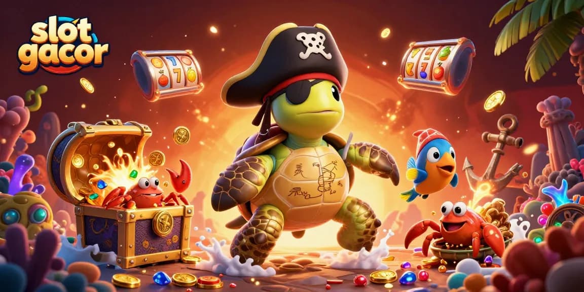 Engage in slot gacor fun with a turtle pirate, crab, and vibrant underwater treasures.