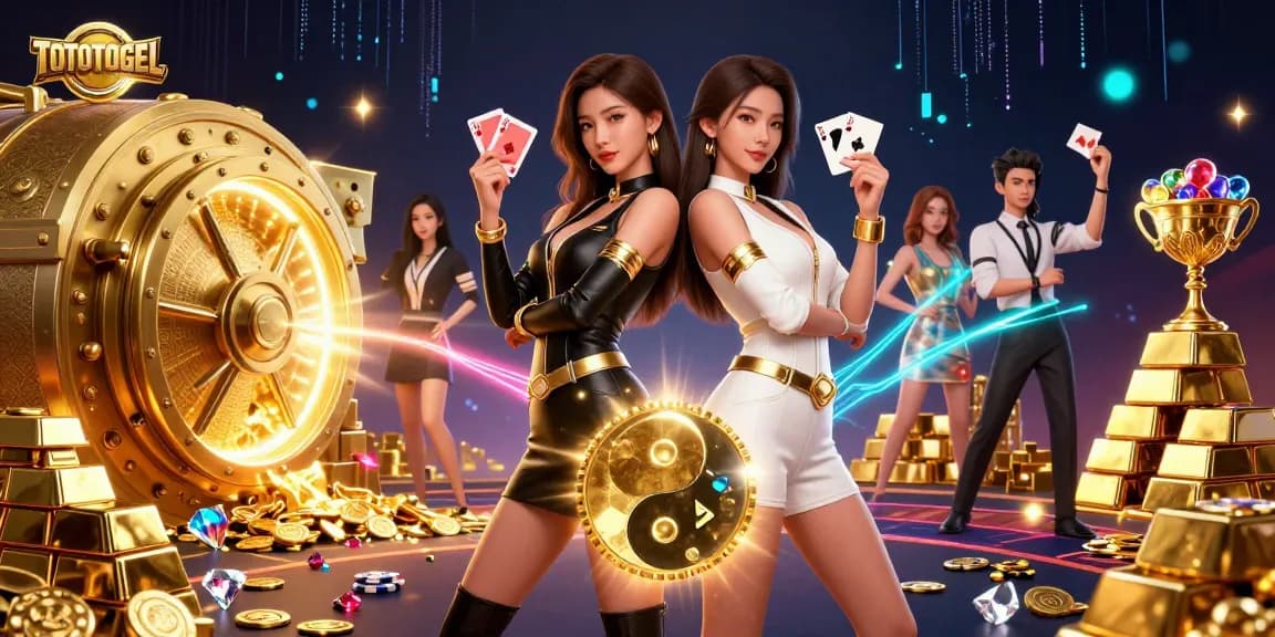 TOTOTOGEL showcases a dynamic gambling scene with Asian women and dazzling casino elements.