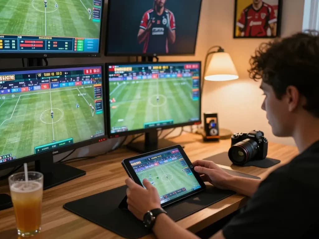 MPOID user engaging with an online sports betting app showcasing live odds and matches in a cozy workspace.