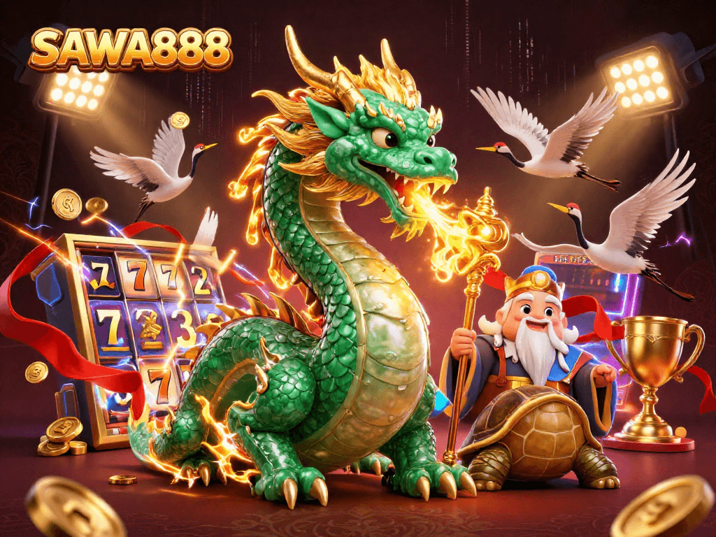 SAWA888 features a vibrant casino scene with a jade dragon and lucky cranes amidst slot elements.