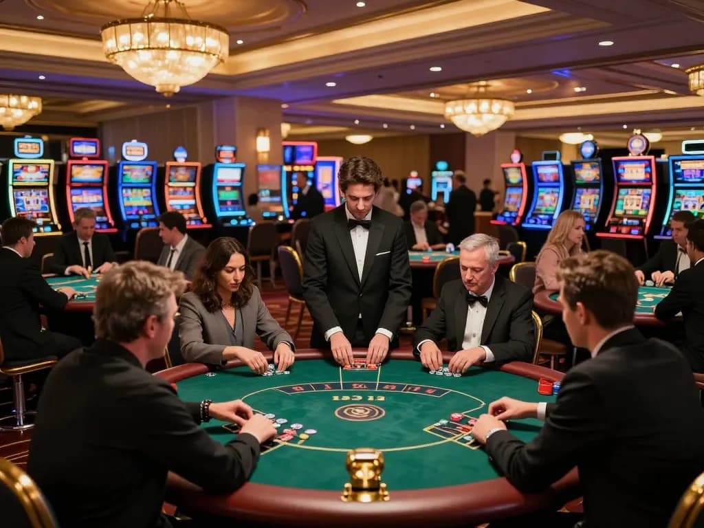 Sunwin players enjoying an exciting poker game at a bustling casino floor with vibrant atmosphere