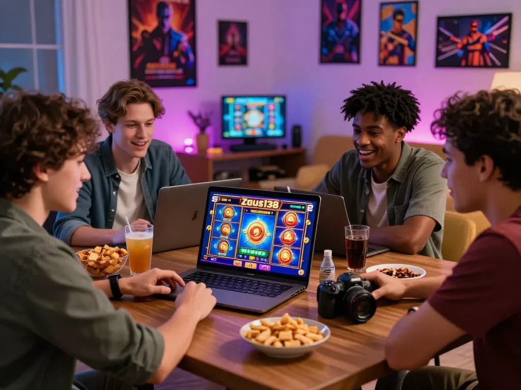 Friends enjoying Zeus138 slot games together in a cozy living room.