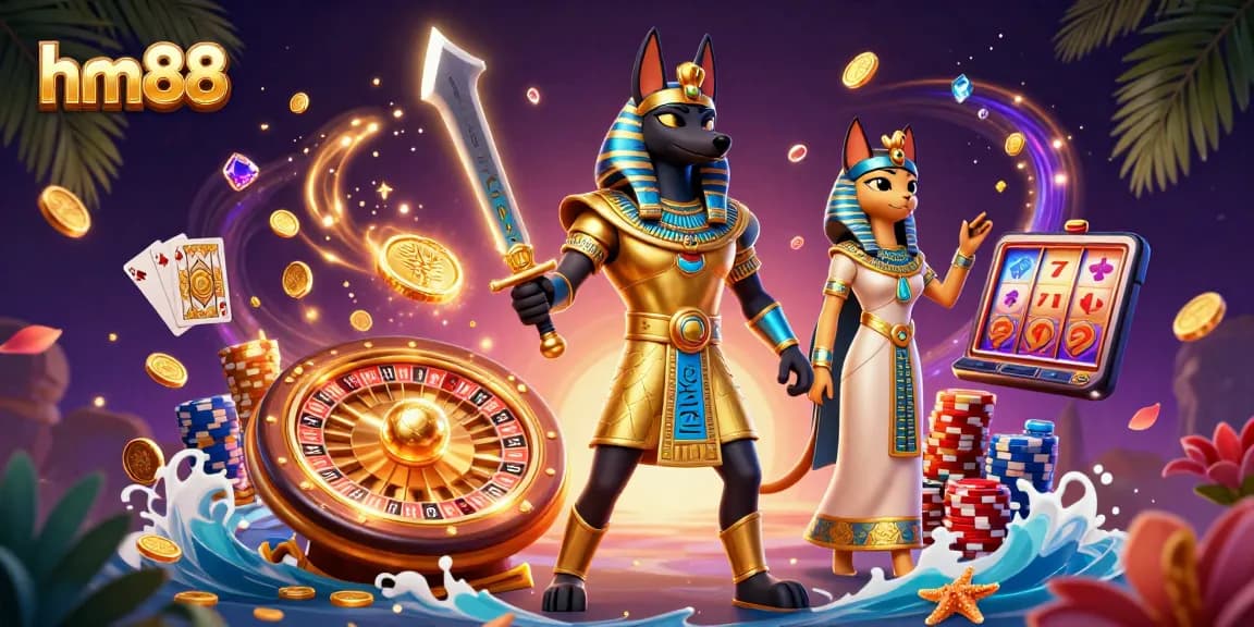 Experience thrilling gameplay at hm88 with Anubis and Bastet amidst cascading coins and roulette wheels.