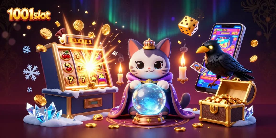 Experience the thrill of 1001slot with a vibrant 3D casino illustration featuring mystical elements and jackpot excitement.