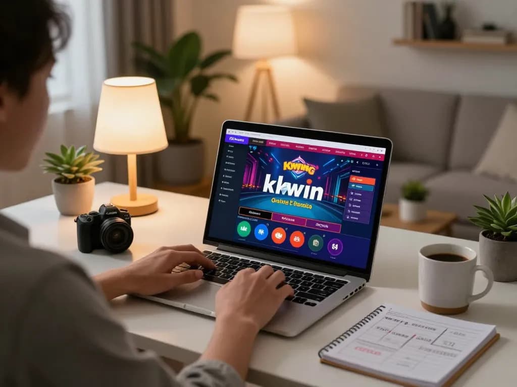 Engaging in strategic gaming with kkwin on a stylish laptop setup in a cozy home.