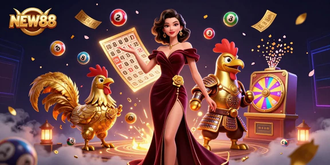 Experience the excitement of NEW88 with a glamorous depiction featuring a stunning woman and golden rooster in a vibrant casino scene.
