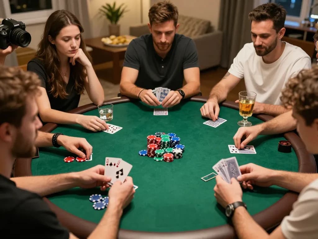 Kuwin players enjoying a thrilling home poker night with friends, showcasing strategic gameplay and social interaction.
