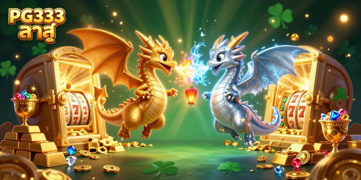 Spin and win with PG333 ล่าสุด in a vibrant 3D casino scene featuring dragon companions.