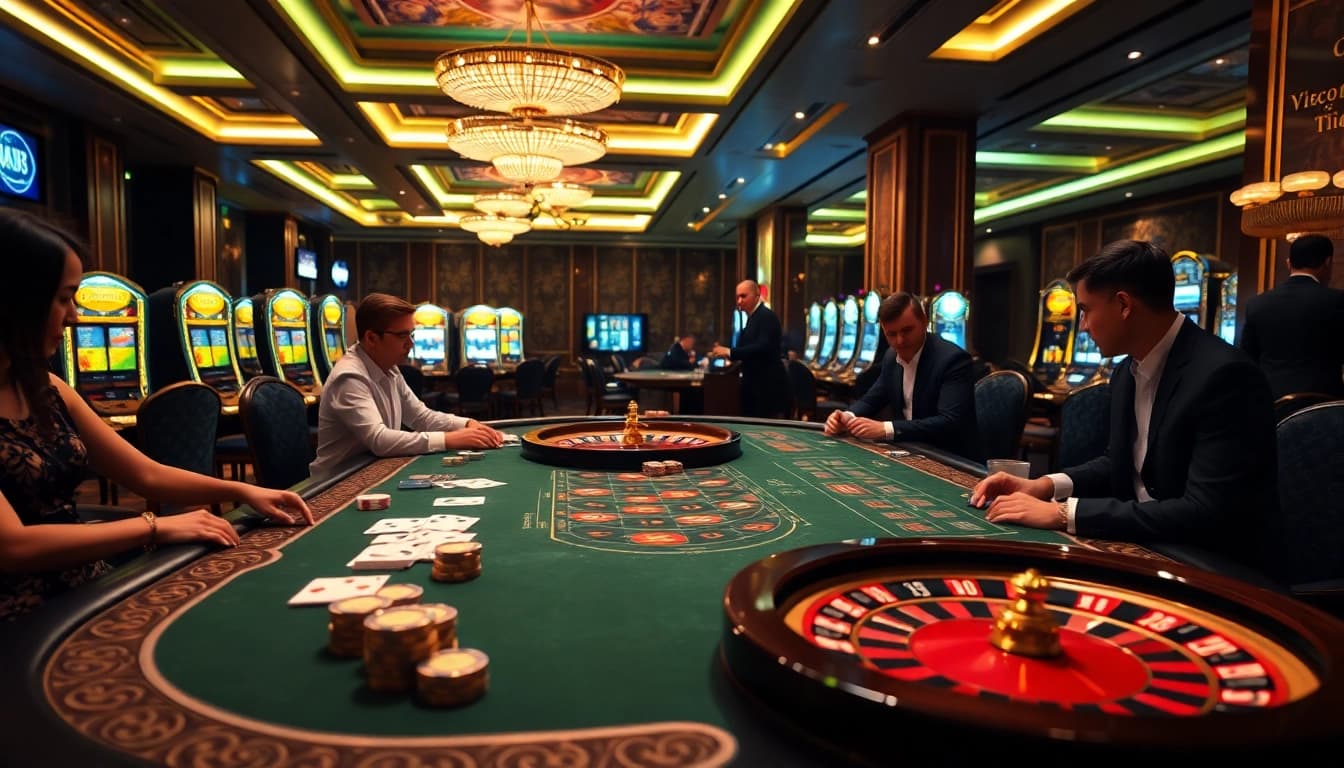 Exciting gameplay at NHÀ CÁI VA88 featuring casino tables and rich decor.