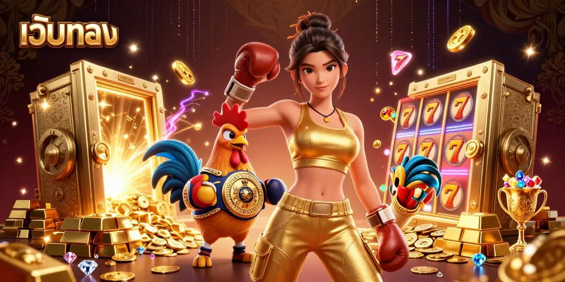 Engage in thrilling slot action with เว็บตรง as a gorgeous woman and championship rooster feature amid gold treasures.
